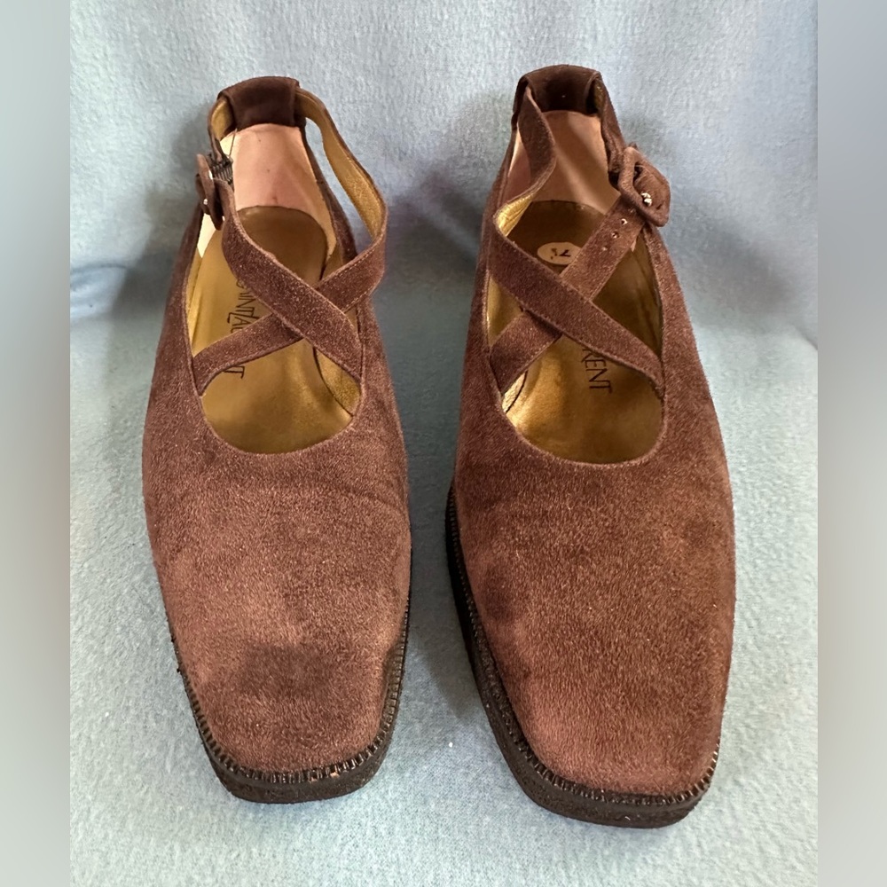 Yves Saint Laurent YSL Brown Suede Criss Cross Strap Mary Jane Chunky Heels - Picture 11 of 11